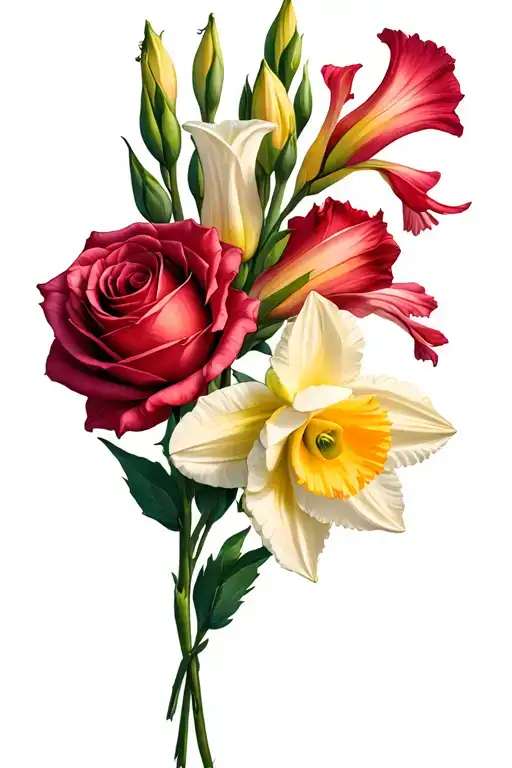 one gladiolus, one daffodil, sweet pea, rose bouquet tattoo design idea