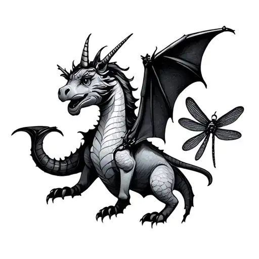 outline drawing combining bat, dragon, unicorn and dragonfly tattoo design idea