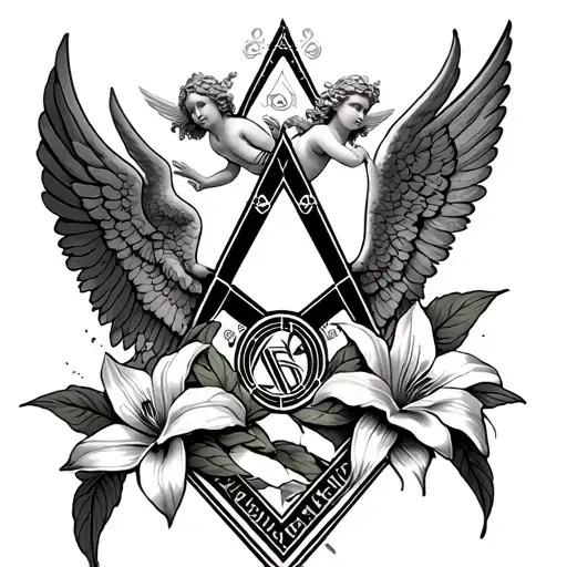 Sleeves tattoo that is black and white with geometric design of angels and lilies and masonic design. Cherubs on top and tattoo design idea