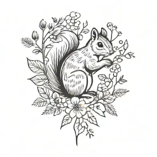 woodland scene with floral and greenery, squirrel holding an acorn tattoo design idea