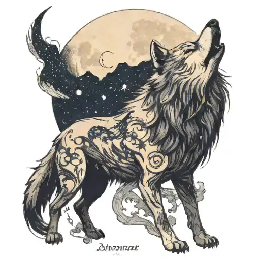 A wolf howling at the moon with constellations forming around it tattoo design idea