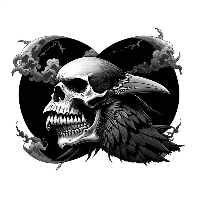 raven half moon skull clouds tattoo design idea