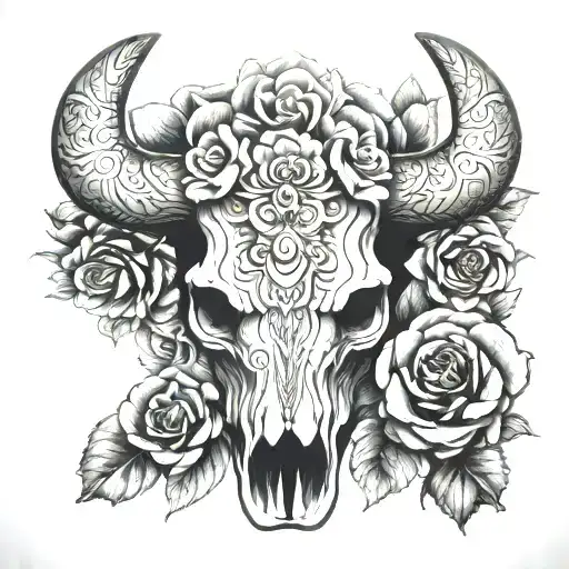  Aztec Cow Skull with roses and mandalas symbolizing strength tattoo design idea