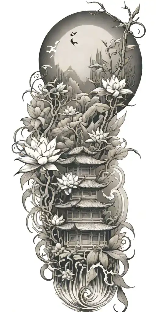 buddhist inpired tattoo with scenary of nature, bamboo, water, and with lotus, koi fish, small budda and spiritual stuff tattoo design idea