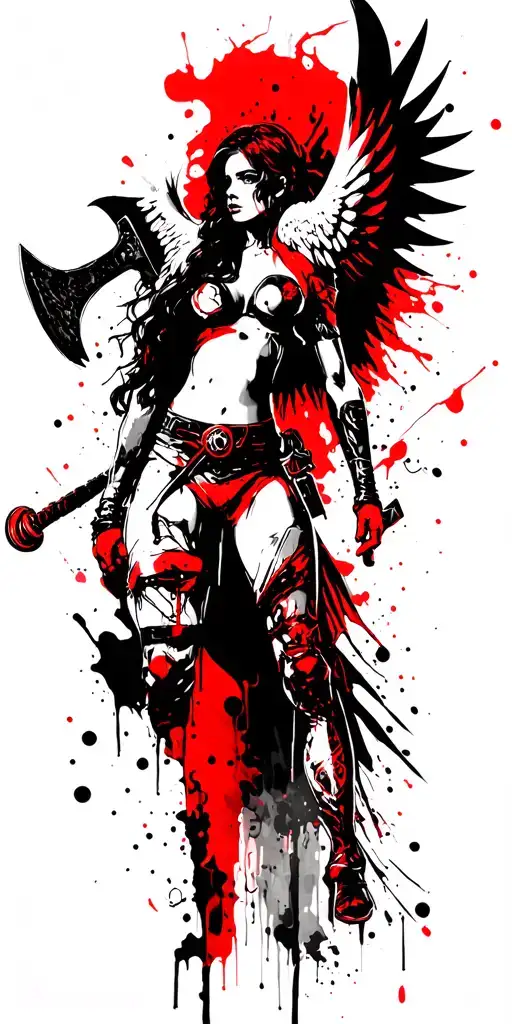 fantasy style female battle angel holding a battle axe tattoo design idea