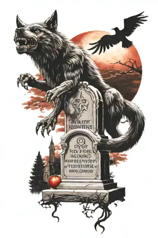 werewolf howling in a cemetery with a blood moon and a headstone inscribed "if you go I want to go with you"  tattoo design idea