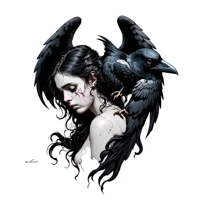 Broken sad angel with a raven tattoo design idea