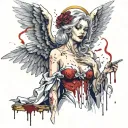 Sexy Angel, Smoking Cigarette, Dripping in blood, malicious facial expression, large Cleavage, Golden Halo, Torn Dress  tattoo design idea