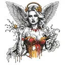 Sexy Angel, Smoking Cigarette, Dripping in blood, malicious facial expression, large Cleavage, Golden Halo, Torn Dress  tattoo design idea