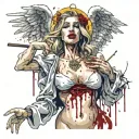 Sexy Angel, Smoking Cigarette, Dripping in blood, malicious facial expression, large Cleavage, Golden Halo, Torn Dress  tattoo design idea