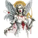 Sexy Angel, Smoking Cigarette, Dripping in blood, malicious facial expression, large Cleavage, Golden Halo, Torn Dress  tattoo design idea
