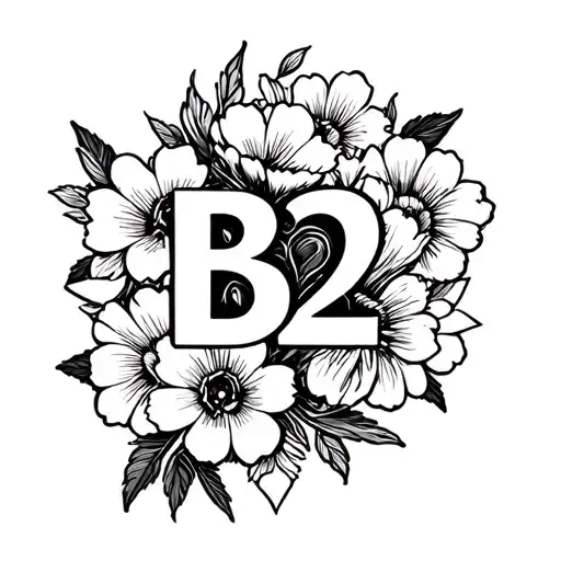 B2 with flowers and hearts surrounded tattoo design idea