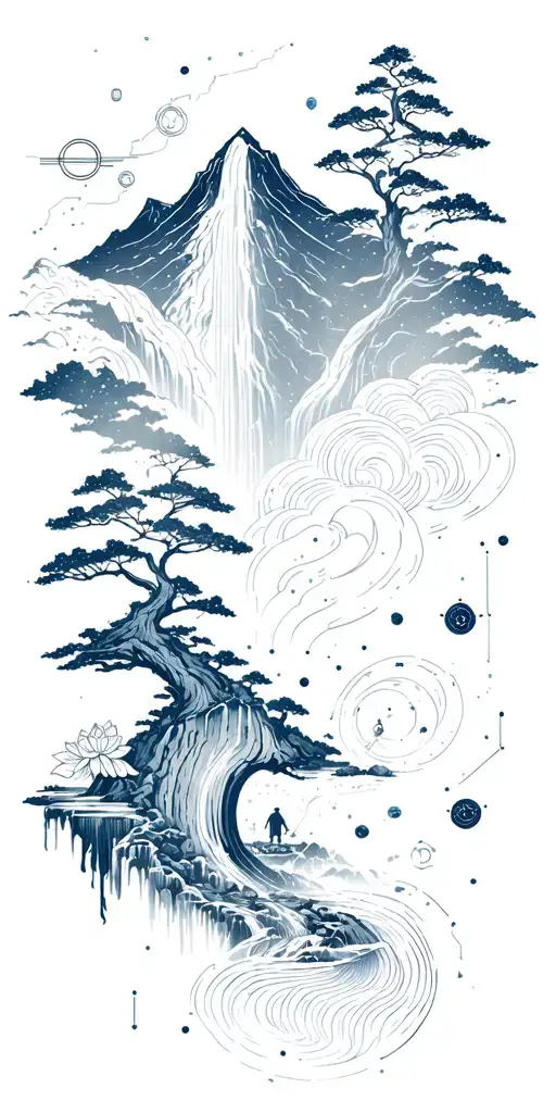 flowing collage of space constellation, Buddhist mountain, trees, waterfall, lotus, mechanical gears of wood,  tattoo design idea