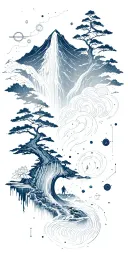 flowing collage of space constellation, Buddhist mountain, trees, waterfall, lotus, mechanical gears of wood,  tattoo design idea