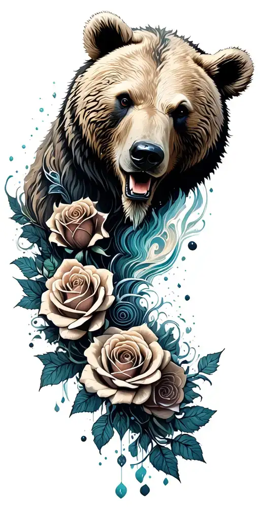 bear head at the top roses in middle a flowing river tattoo design idea