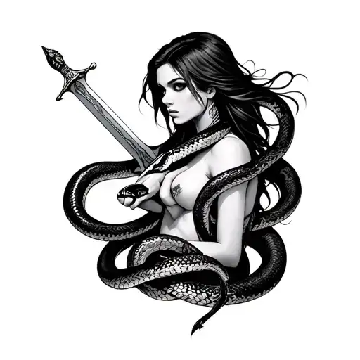 a woman with a snake wrapped around her neck holding a sword tattoo design idea