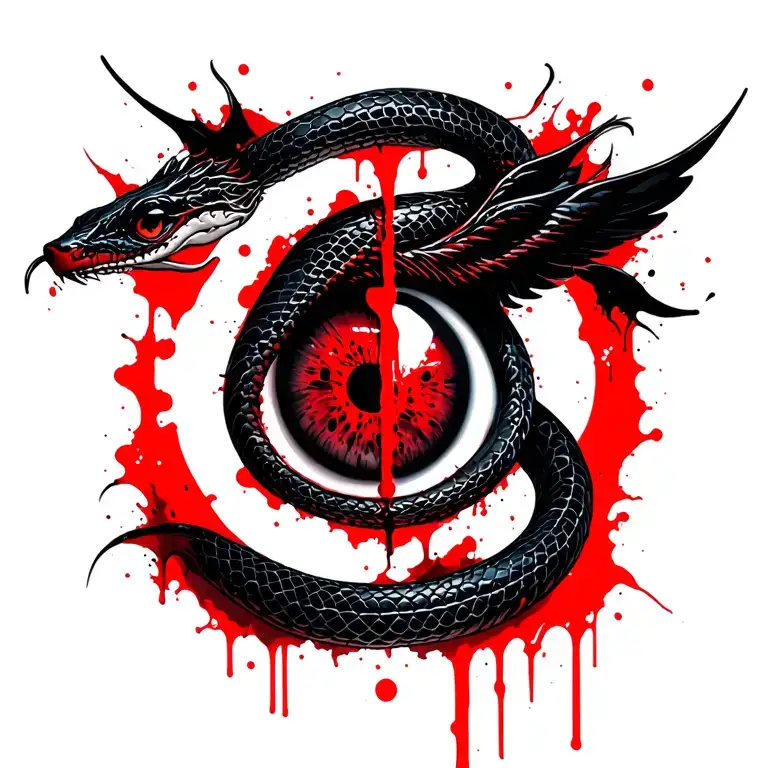 A winged, black snake with the twisted body on itself. It surrounds a unique blood red eye, split vertically. tattoo design idea