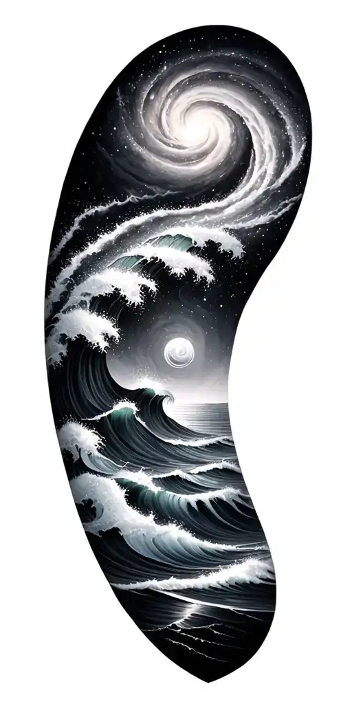 Black and grey sleeve: spiral galaxy above ocean waves, smooth transition, elegant and dark realism. tattoo design idea