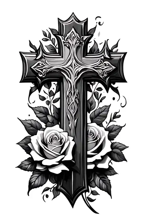 cross with roses tattoo design idea