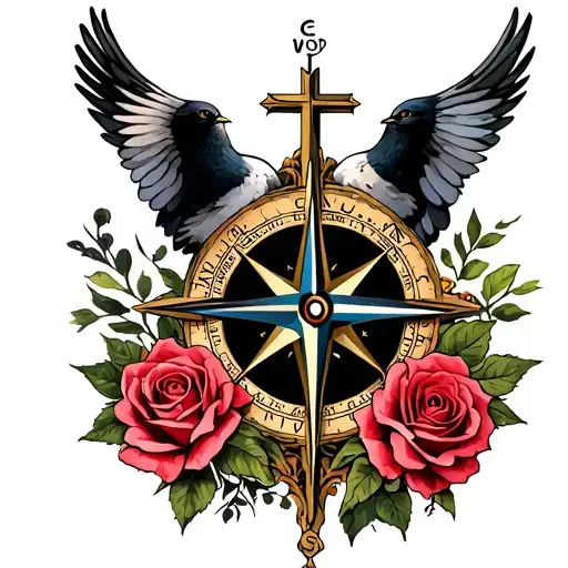 compass rose, doves of roses and a cross tattoo design idea