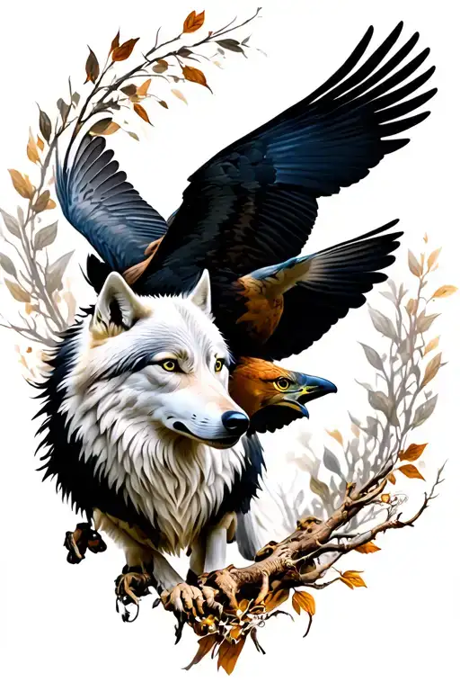 white wolf hunting and black kestrel flying tattoo design idea