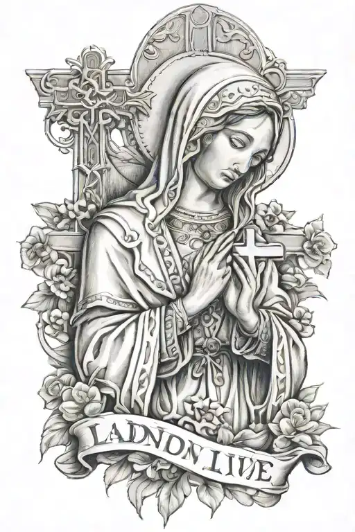 Virgin Mary praying with a cross and the words "Long Live Landon" underneath  tattoo design idea