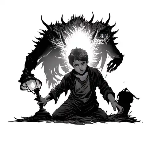 a boy with a lamp that illuminates the surroundings, above the boy is a monster that is dispelled by the light of the lamp tattoo design idea
