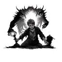 a boy with a lamp that illuminates the surroundings, above the boy is a monster that is dispelled by the light of the lamp tattoo design idea