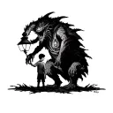 a boy with a lamp that illuminates the surroundings, above the boy is a monster that is dispelled by the light of the lamp tattoo design idea