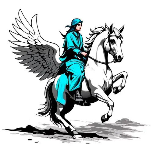 blue elf riding on white pegasus horse with wings tattoo design idea