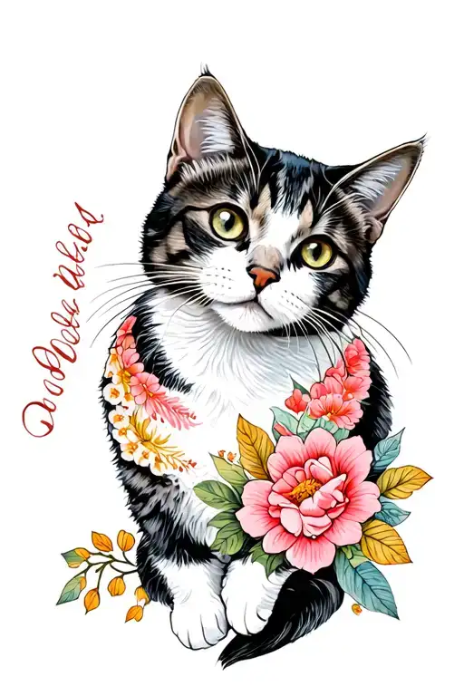 cat portrait American traditional floral tattoo design idea