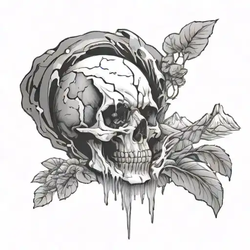 A broken skull with a waterfall coming out of eye socket. Mountain range on top of skull tattoo design idea