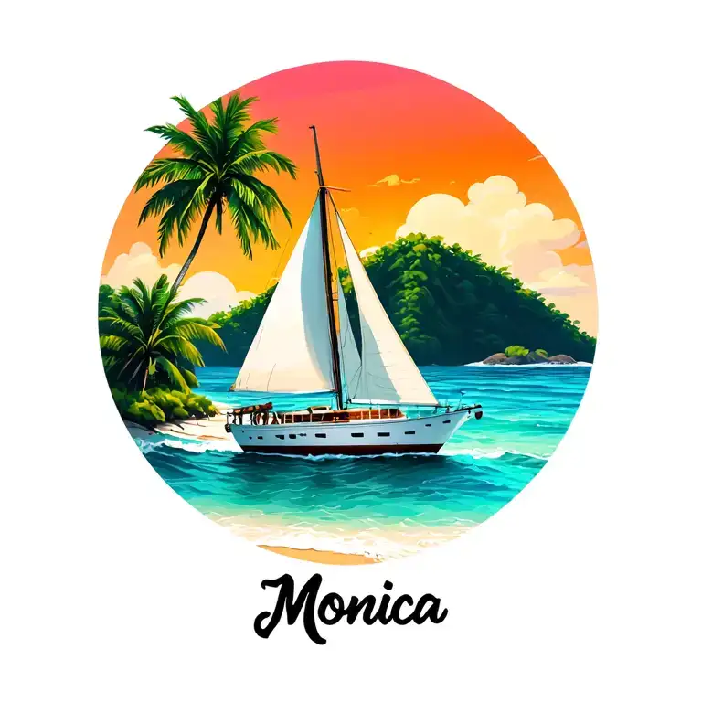 "Monica" white sailboat front, sailing towards sunrise, background island palm, ocean, beach vibrant color tattoo design idea