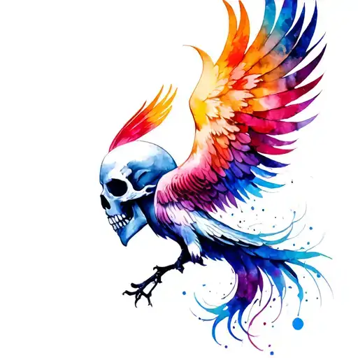 skull colorful phoenix rising tattoo design idea