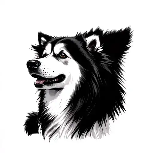 Samoyed sitting looking left with a face like Jeno Lee and his under eye mole. tattoo design idea