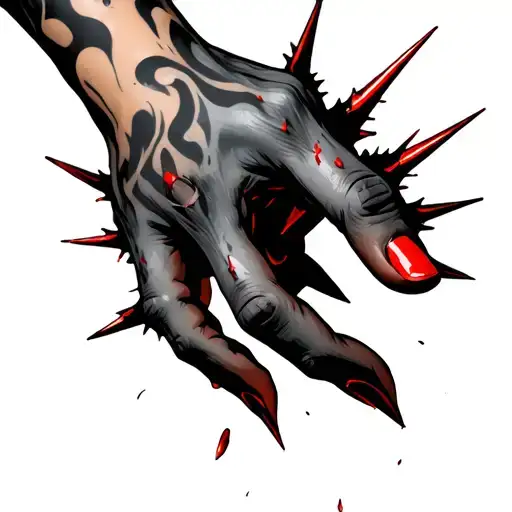 hand covered in spikes all around causing hand to bleed and the nails are normal but theyre red  tattoo design idea