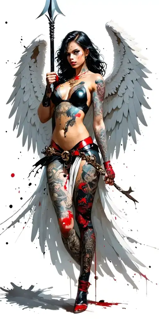 fantasy style, tattooed, female battle angel with all white wings using a spear tattoo design idea