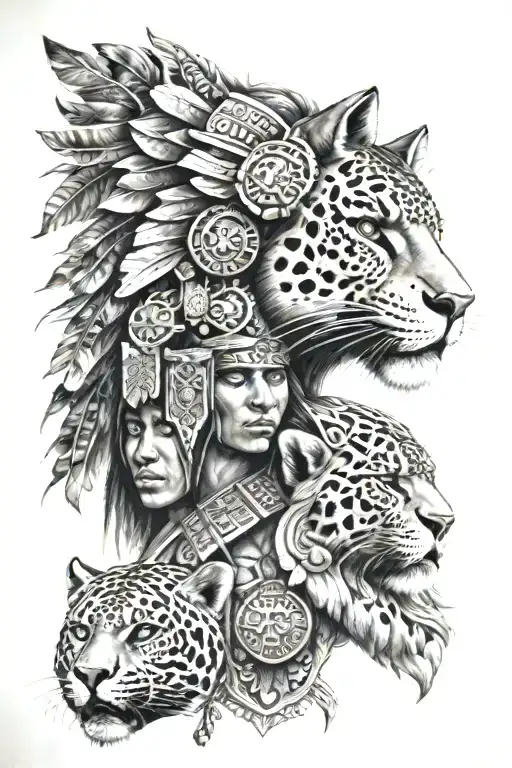 aztec warrior and jaguar face tattoo design idea