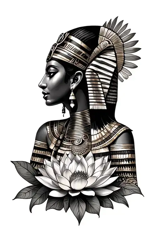 A detailed arm sleeve featuring a Black Egyptian Queen,Egyptian symbols of love and protection, Egyptian lotus flower tattoo design idea
