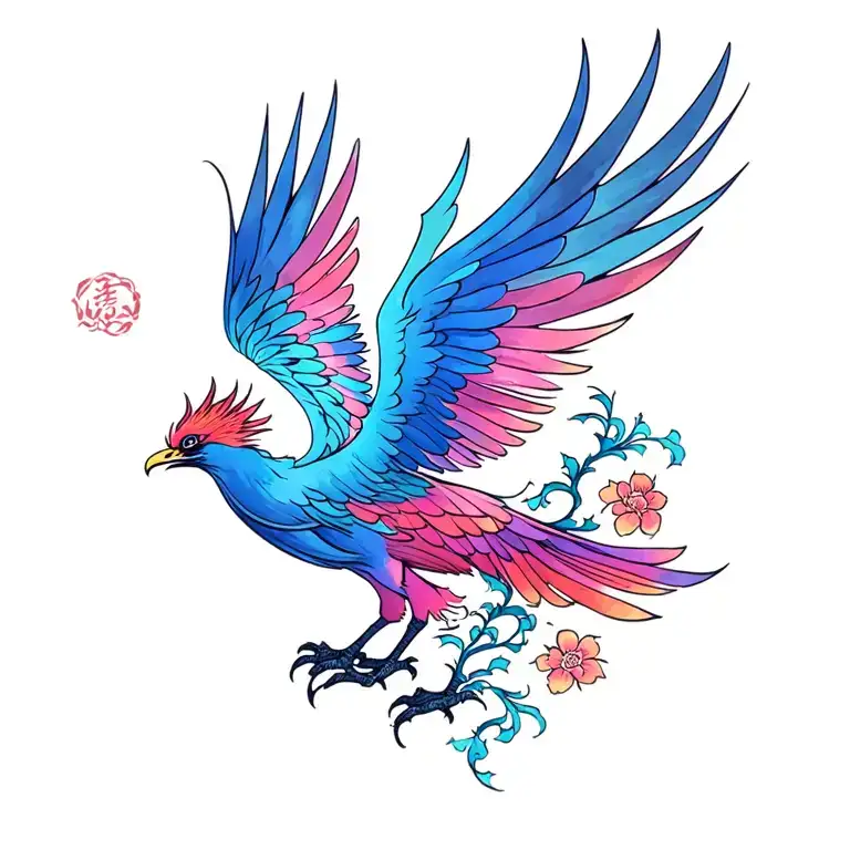 phoenix bird with spread wings flying tattoo design idea