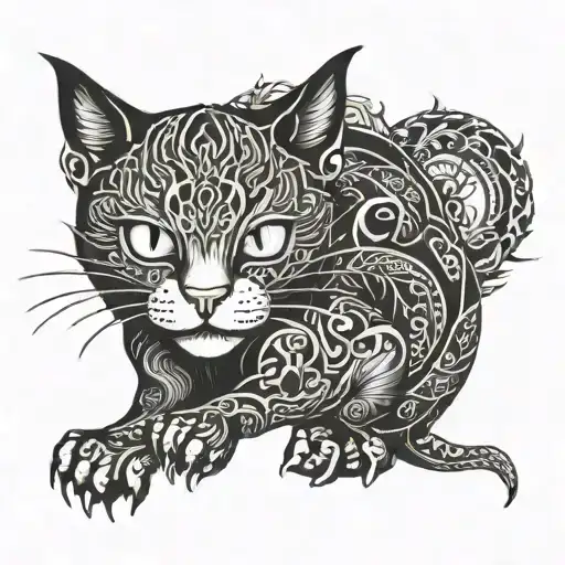 monmon cat with dragon entertwined tattoo design idea