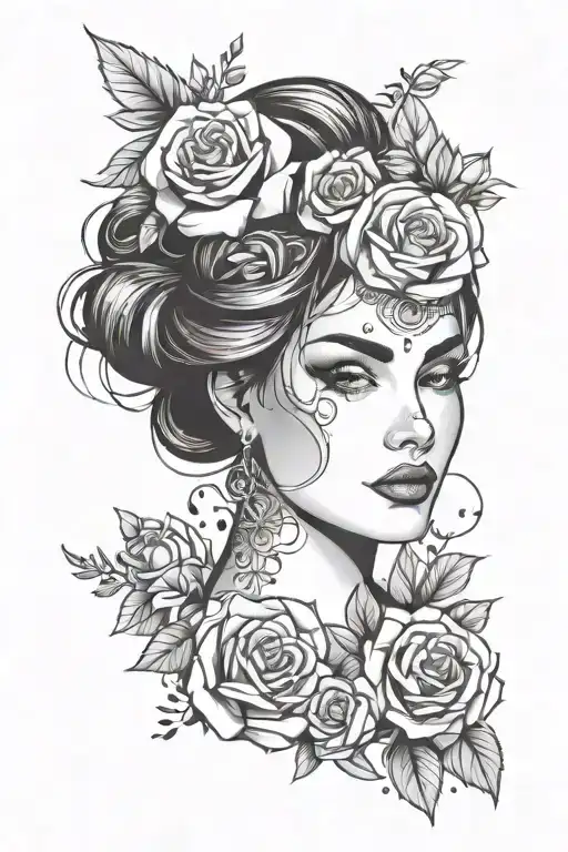 pretty woman face with roses surrounding her head tattoo design idea