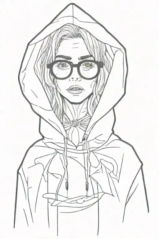 hooded woman, cuckoo horror movie 2024, glasses, rain coat, open mouth, distended jaw, scary, full body tattoo design idea
