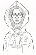 hooded woman, cuckoo horror movie 2024, glasses, rain coat, open mouth, distended jaw, scary, full body tattoo design idea