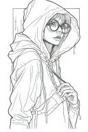 hooded woman, cuckoo horror movie 2024, glasses, rain coat, open mouth, distended jaw, scary, full body tattoo design idea