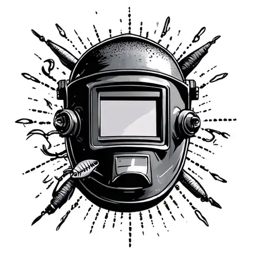 A welder's helmet adorned with fishing hooks and lures, surrounded by a dotwork border of welding sparks tattoo design idea