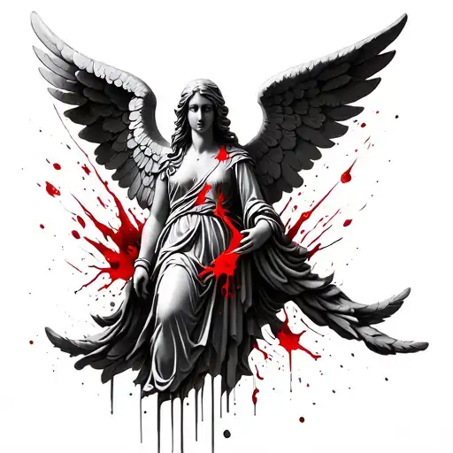 statue type grieving angel with broken Wings that have feathers falling and red splattering all over tattoo design idea