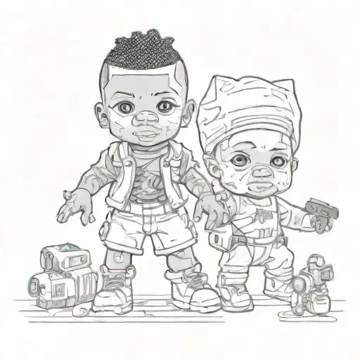 a toy baby doll, a young fellow in the image of a hero from the film Don’t Be a Menace to South Central, the Uzi baby do tattoo design idea