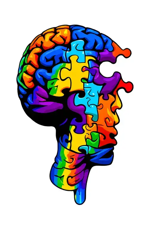 autism rainbow puzzle piece and brain with blue purple shading tattoo design idea