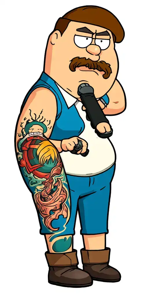 "Tattoo sleeve design concept, Family Guy style. Composition from shoulder to wrist: 1) Shoulder: Peter Griffin fighting tattoo design idea